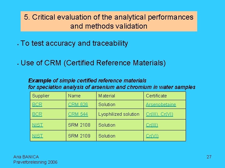 5. Critical evaluation of the analytical performances and methods validation § To test accuracy