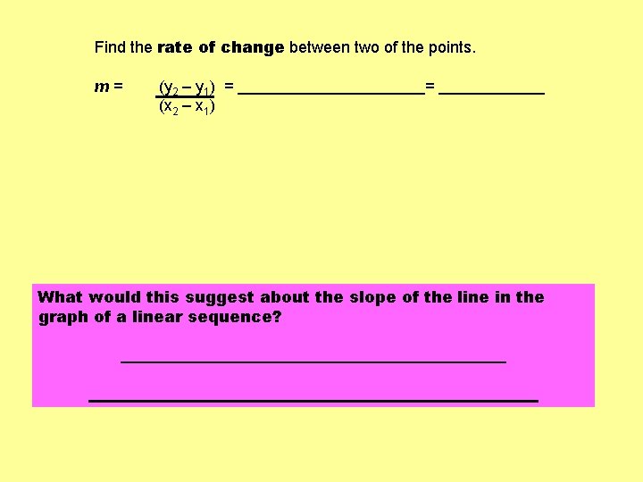 Find the rate of change between two of the points. m= (y 2 –
