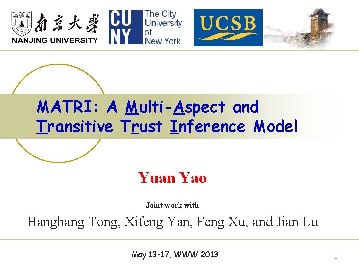 MATRI: A Multi-Aspect and Transitive Trust Inference Model Yuan Yao Joint work with Hanghang