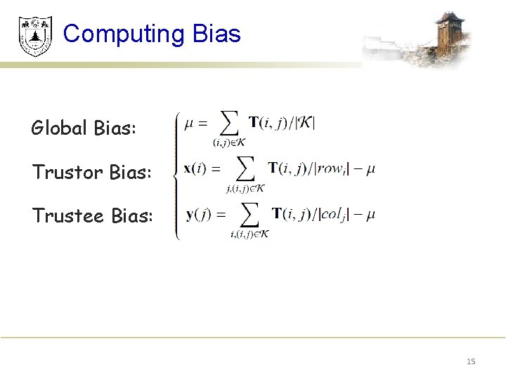 Computing Bias Global Bias: Trustor Bias: Trustee Bias: 15 