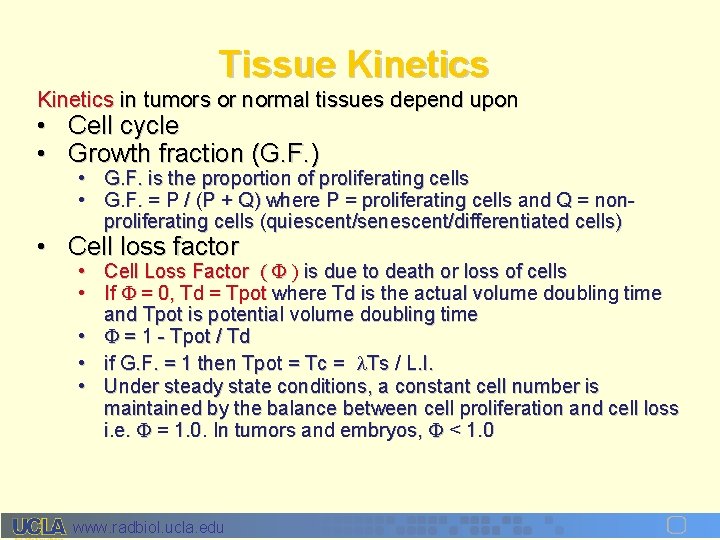 Tissue Kinetics in tumors or normal tissues depend upon • Cell cycle • Growth Tissue Kinetics in tumors or normal tissues depend upon • Cell cycle • Growth