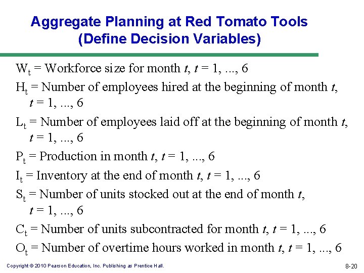 Aggregate Planning at Red Tomato Tools (Define Decision Variables) Wt = Workforce size for