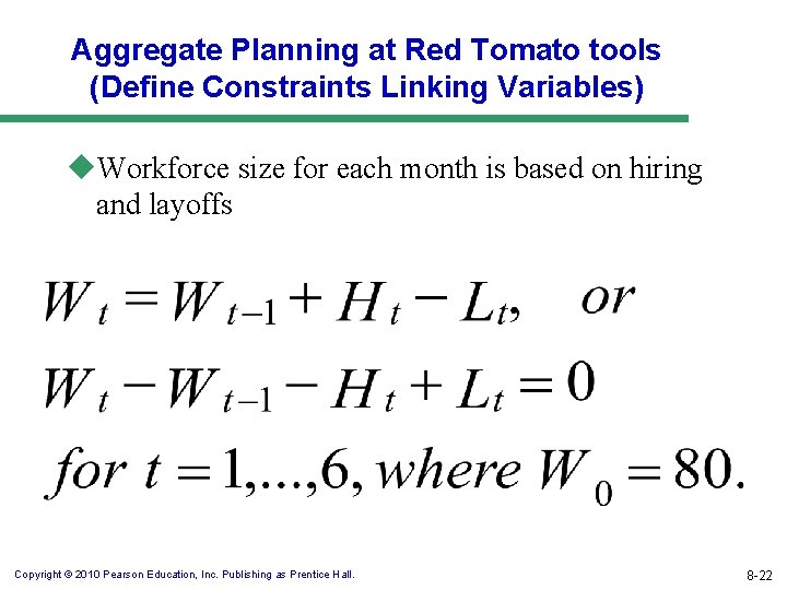 Aggregate Planning at Red Tomato tools (Define Constraints Linking Variables) u. Workforce size for