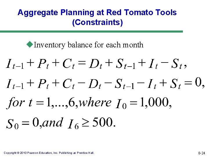 Aggregate Planning at Red Tomato Tools (Constraints) u. Inventory balance for each month Copyright