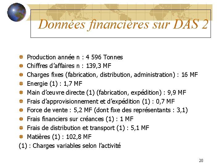 Données financières sur DAS 2 Production année n : 4 596 Tonnes Chiffres d’affaires
