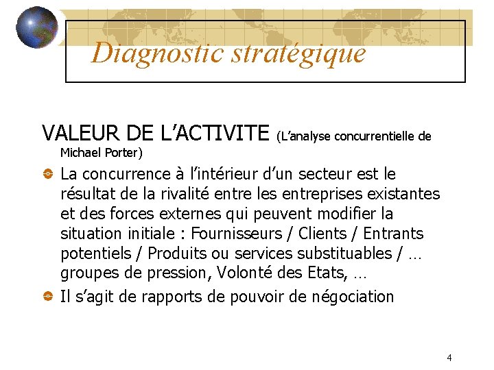 Diagnostic stratégique VALEUR DE L’ACTIVITE (L’analyse concurrentielle de Michael Porter) La concurrence à l’intérieur