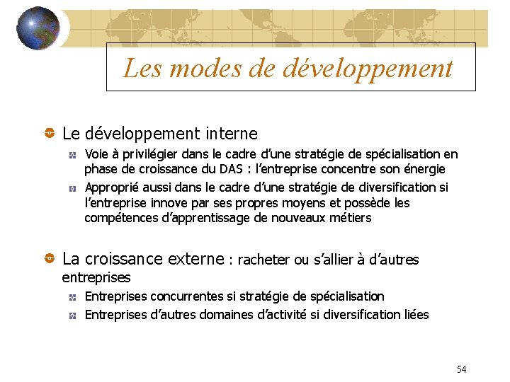 Les modes de développement Le développement interne Voie à privilégier dans le cadre d’une