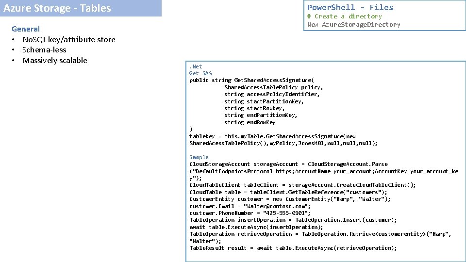 Azure Storage - Tables General • No. SQL key/attribute store • Schema-less • Massively