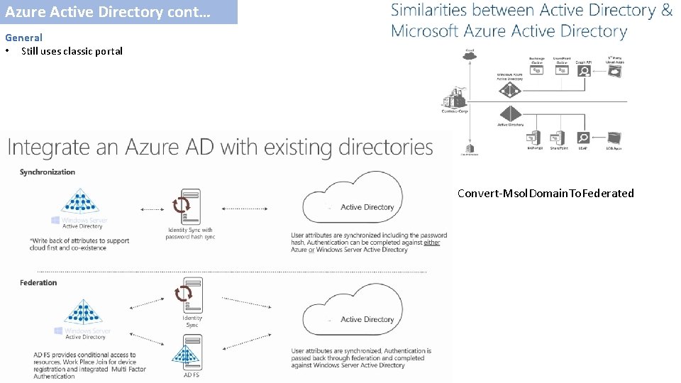Azure Active Directory cont… General • Still uses classic portal Convert-Msol. Domain. To. Federated