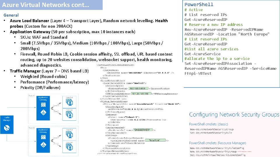 Azure Virtual Networks cont… General • Azure Load Balancer (Layer 4 – Transport Layer),