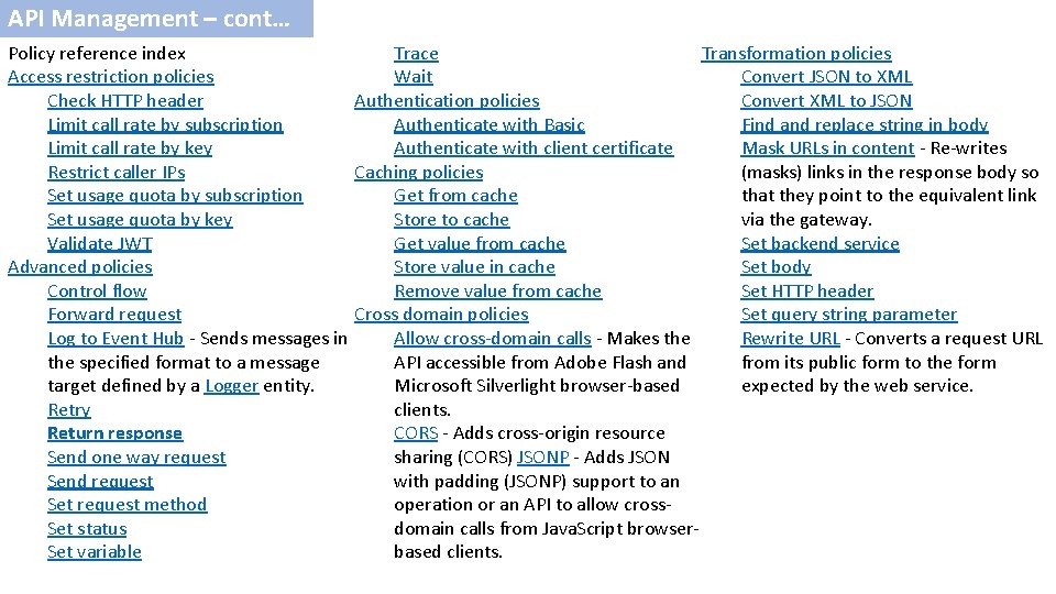 API Management – cont… Trace Policy reference index Transformation policies Access restriction policies Wait