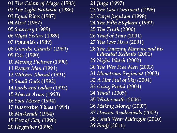 01 The Colour of Magic (1983) 02 The Light Fantastic (1986) 03 Equal Rites