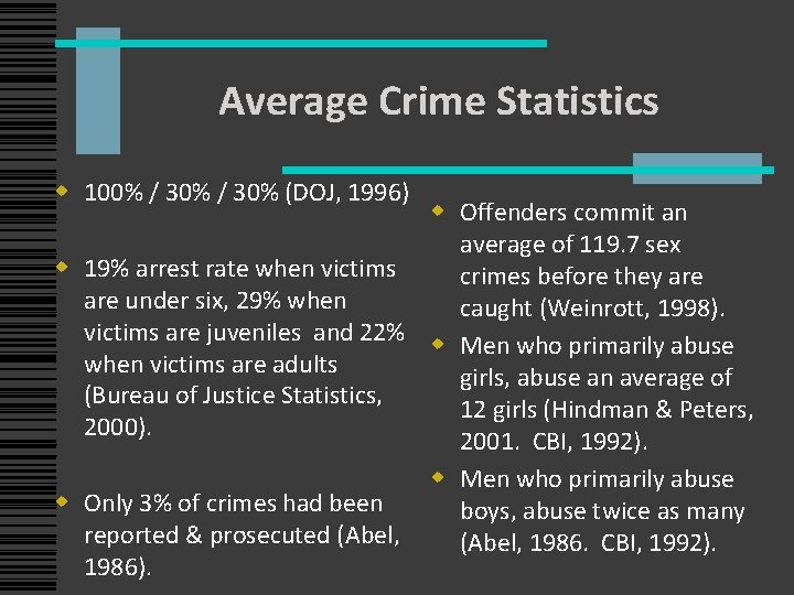 Average Crime Statistics w 100% / 30% (DOJ, 1996) w Offenders commit an average