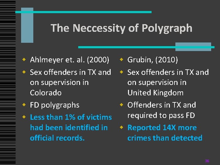 The Neccessity of Polygraph w Ahlmeyer et. al. (2000) w Sex offenders in TX