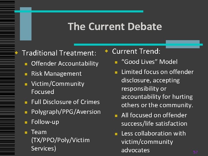 The Current Debate w Traditional Treatment: w Current Trend: n n n n Offender