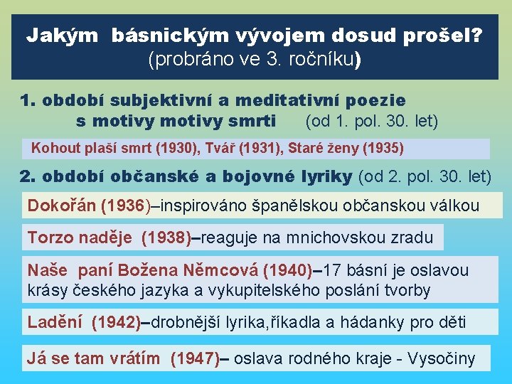 Jakým básnickým vývojem dosud prošel? (probráno ve 3. ročníku) 1. období subjektivní a meditativní