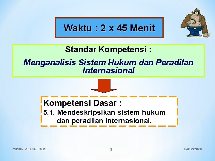 Waktu : 2 x 45 Menit Standar Kompetensi : Menganalisis Sistem Hukum dan Peradilan