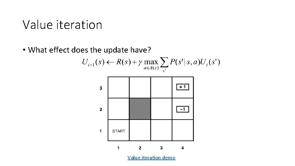 Value iteration • What effect does the update have? Value iteration demo 