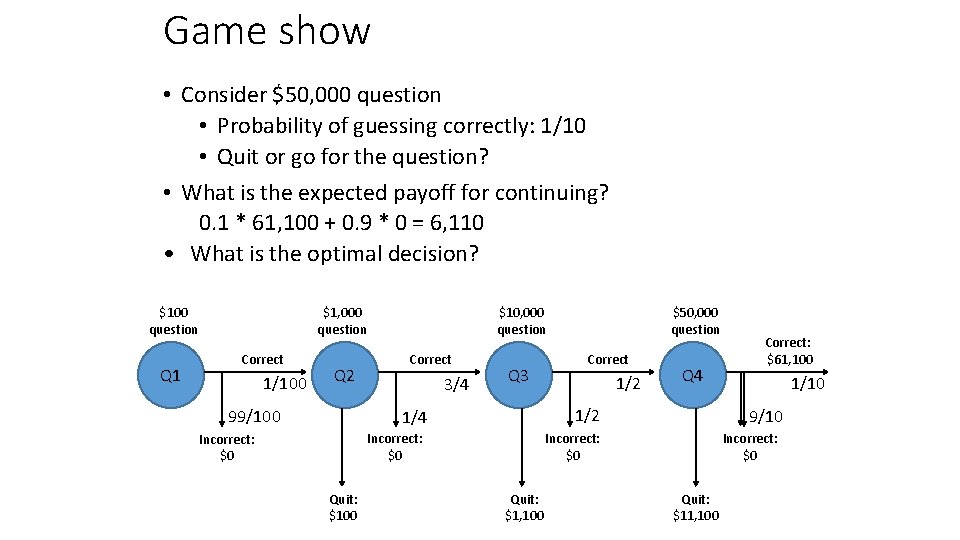 Game show • Consider $50, 000 question • Probability of guessing correctly: 1/10 •