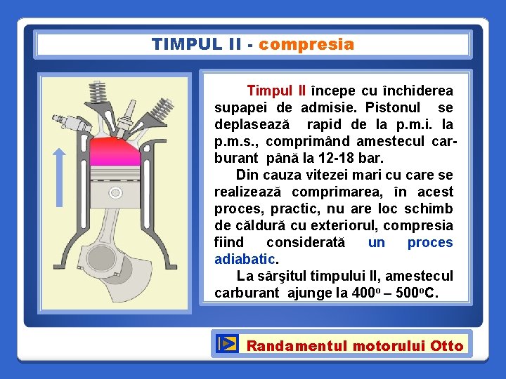 TIMPUL II - compresia Timpul II începe cu închiderea supapei de admisie. Pistonul se