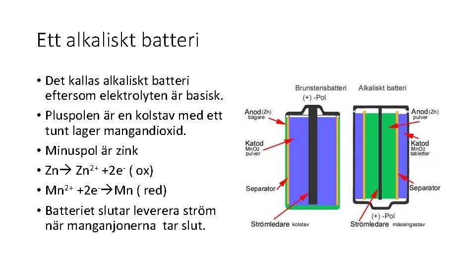 Ett alkaliskt batteri • Det kallas alkaliskt batteri eftersom elektrolyten är basisk. • Pluspolen