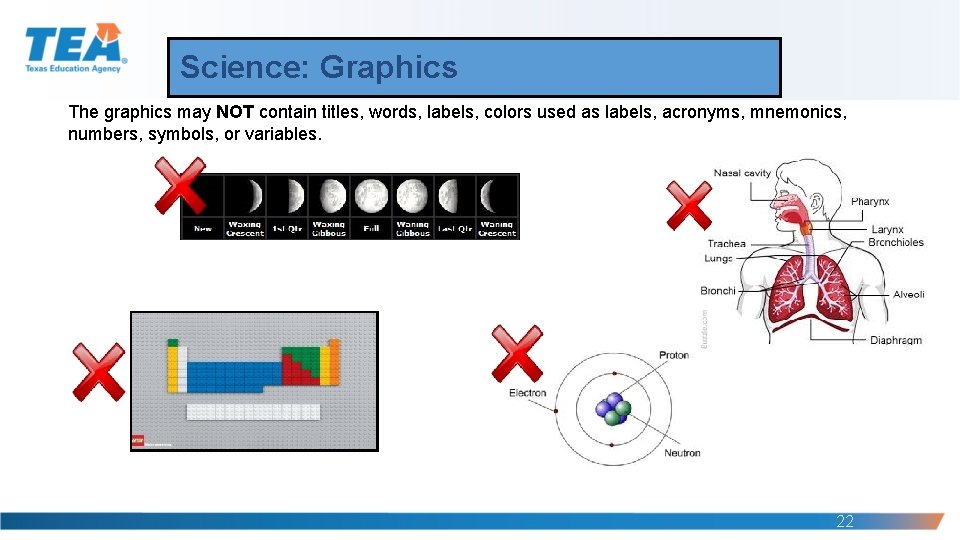 Science: Graphics The graphics may NOT contain titles, words, labels, colors used as labels,