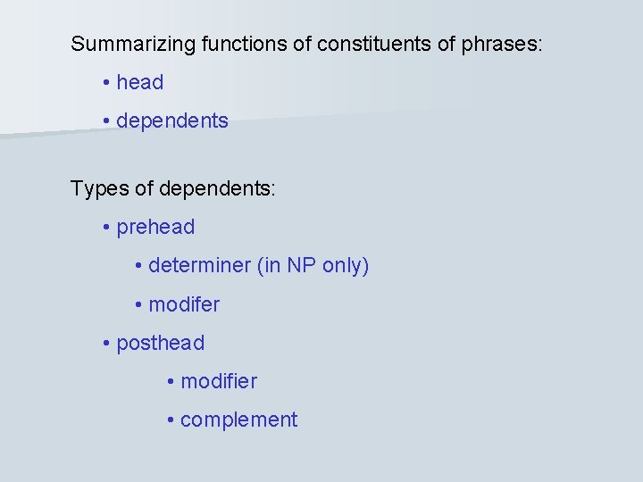Summarizing functions of constituents of phrases: • head • dependents Types of dependents: • Summarizing functions of constituents of phrases: • head • dependents Types of dependents: •