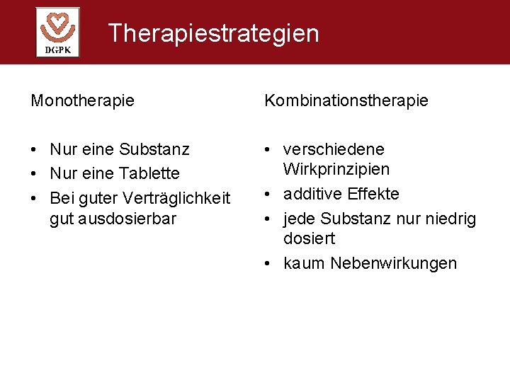 Therapiestrategien Monotherapie Kombinationstherapie • Nur eine Substanz • Nur eine Tablette • Bei guter