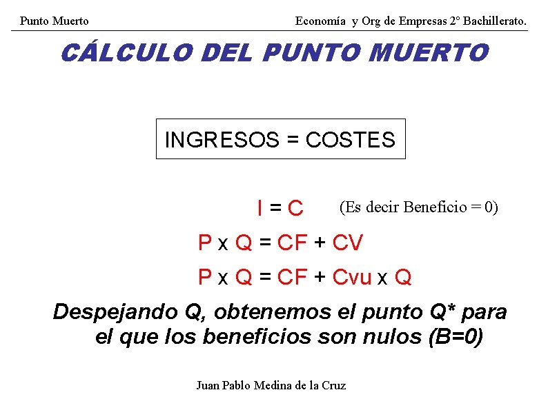 Punto Muerto Economía y Org de Empresas 2º Bachillerato. CÁLCULO DEL PUNTO MUERTO INGRESOS