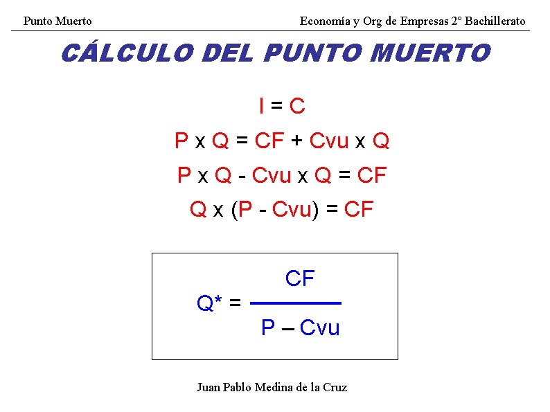 Punto Muerto Economía y Org de Empresas 2º Bachillerato CÁLCULO DEL PUNTO MUERTO I=C