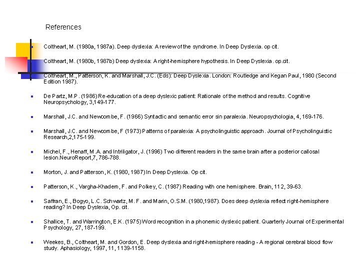 References n Coltheart, M. (1980 a, 1987 a). Deep dyslexia: A review of the