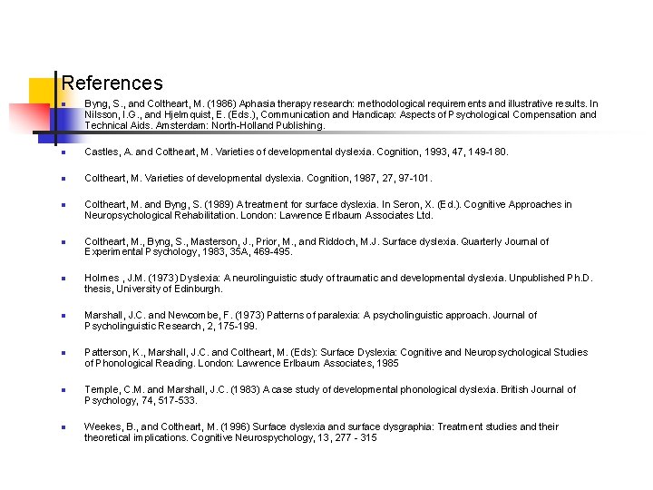 References n Byng, S. , and Coltheart, M. (1986) Aphasia therapy research: methodological requirements