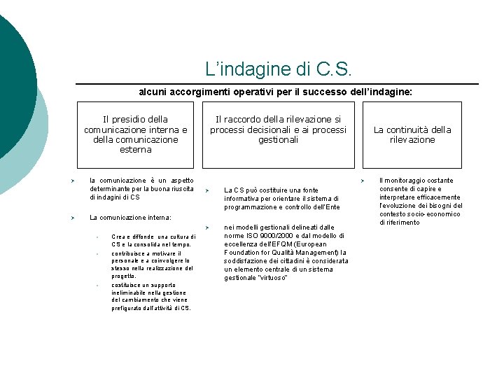 L’indagine di C. S. alcuni accorgimenti operativi per il successo dell’indagine: Il presidio della