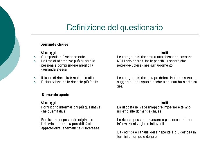 Definizione del questionario Domande chiuse ¡ ¡ Vantaggi Si risponde più velocemente La lista