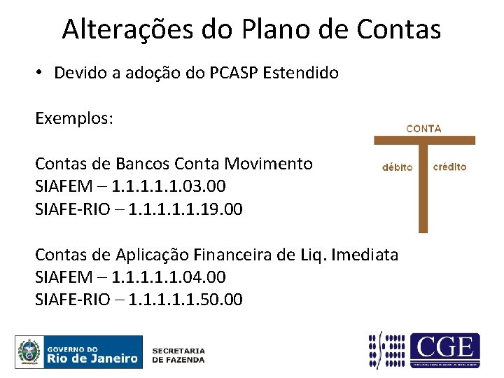 Alterações do Plano de Contas • Devido a adoção do PCASP Estendido Exemplos: Contas