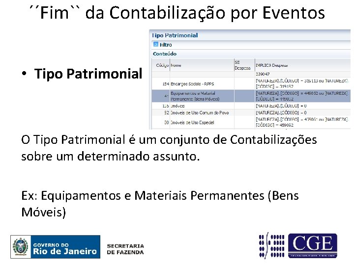 ´´Fim`` da Contabilização por Eventos • Tipo Patrimonial O Tipo Patrimonial é um conjunto