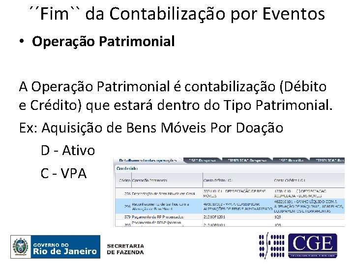 ´´Fim`` da Contabilização por Eventos • Operação Patrimonial A Operação Patrimonial é contabilização (Débito