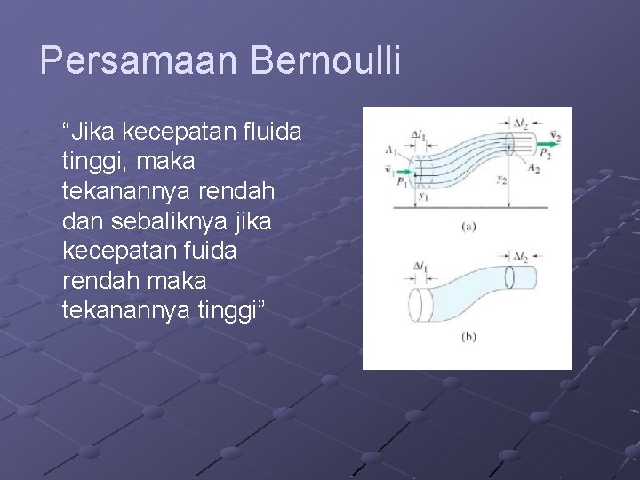 Persamaan Bernoulli “Jika kecepatan fluida tinggi, maka tekanannya rendah dan sebaliknya jika kecepatan fuida Persamaan Bernoulli “Jika kecepatan fluida tinggi, maka tekanannya rendah dan sebaliknya jika kecepatan fuida