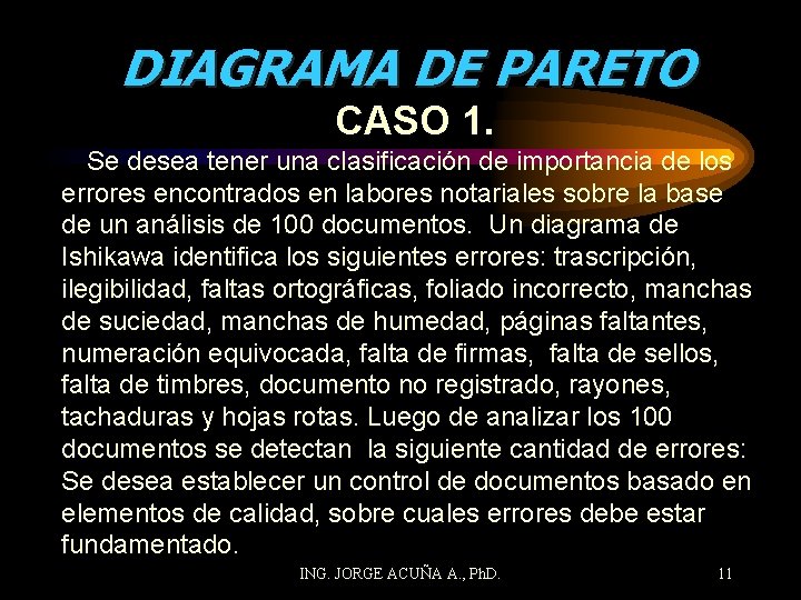 DIAGRAMA DE PARETO CASO 1. Se desea tener una clasificación de importancia de los