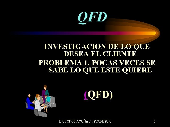 QFD INVESTIGACION DE LO QUE DESEA EL CLIENTE PROBLEMA 1. POCAS VECES SE SABE