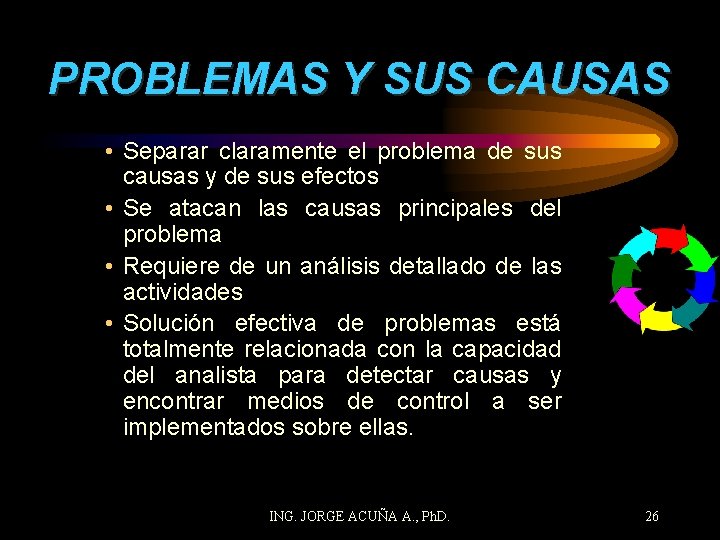 PROBLEMAS Y SUS CAUSAS • Separar claramente el problema de sus causas y de
