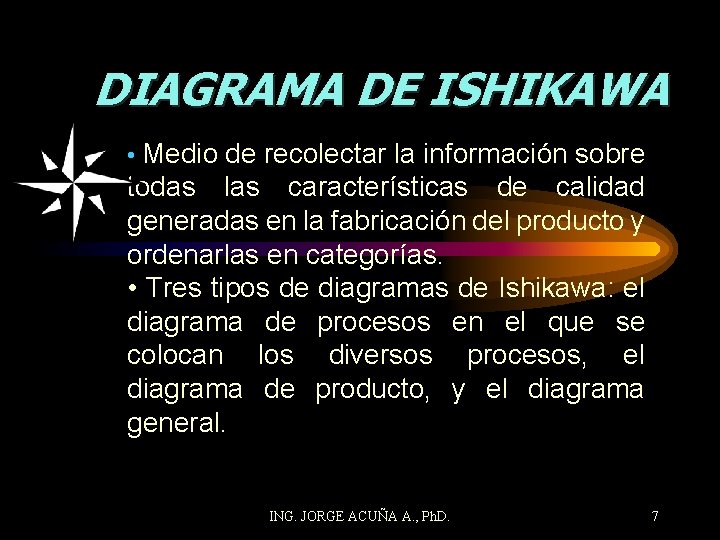 DIAGRAMA DE ISHIKAWA • Medio de recolectar la información sobre todas las características de