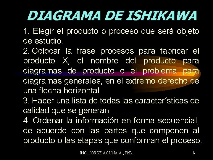 DIAGRAMA DE ISHIKAWA 1. Elegir el producto o proceso que será objeto de estudio.