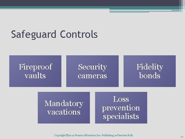 Safeguard Controls Fireproof vaults Security cameras Mandatory vacations Fidelity bonds Loss prevention specialists Copyright