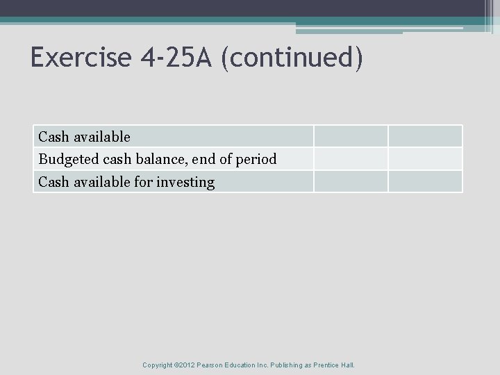 Exercise 4 -25 A (continued) Cash available Budgeted cash balance, end of period Cash