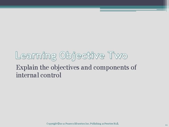 Learning Objective Two Explain the objectives and components of internal control Copyright © 2012