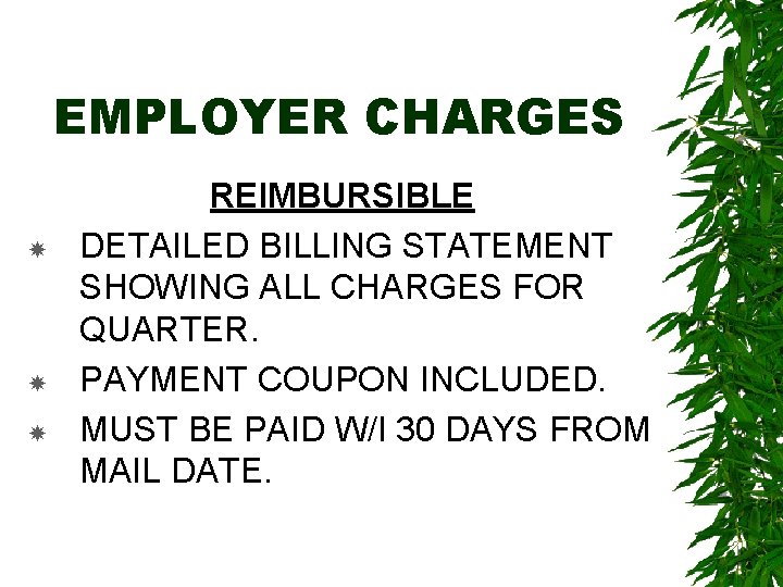 EMPLOYER CHARGES REIMBURSIBLE DETAILED BILLING STATEMENT SHOWING ALL CHARGES FOR QUARTER. PAYMENT COUPON INCLUDED.