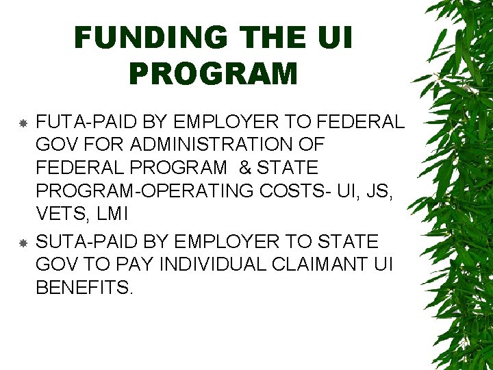 FUNDING THE UI PROGRAM FUTA-PAID BY EMPLOYER TO FEDERAL GOV FOR ADMINISTRATION OF FEDERAL