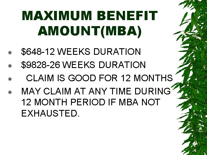 MAXIMUM BENEFIT AMOUNT(MBA) $648 -12 WEEKS DURATION $9828 -26 WEEKS DURATION CLAIM IS GOOD