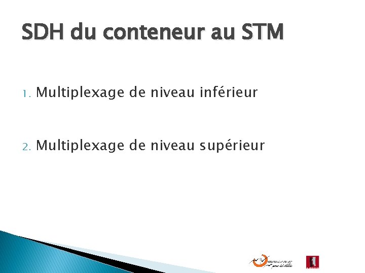 SDH du conteneur au STM 1. Multiplexage de niveau inférieur 2. Multiplexage de niveau